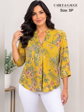 CABLE & GAUGE women floral yellow casual style  blouse/size SP